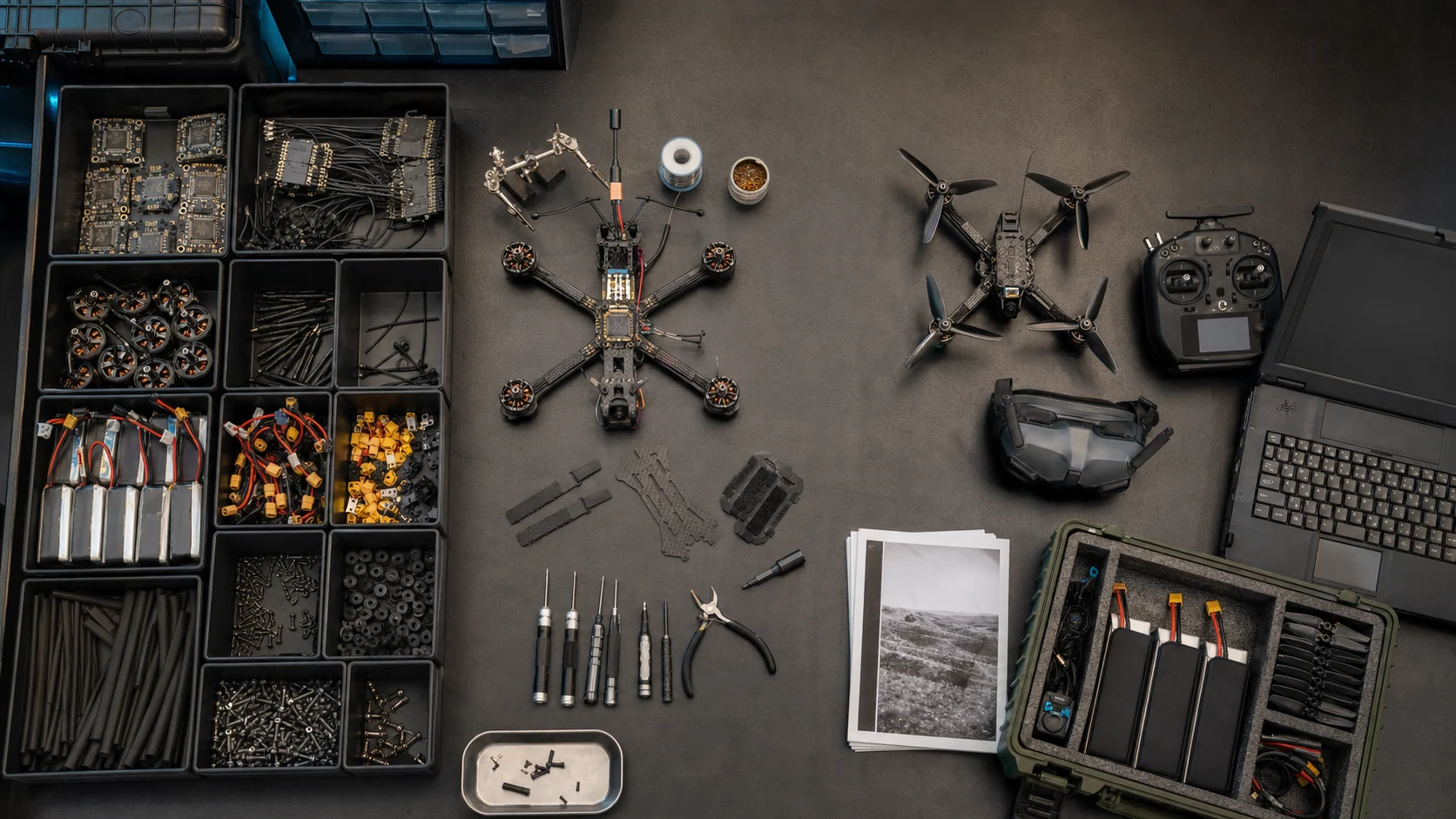 Organized UxS component bins progressing through assembly to a complete aircraft, controller, goggles, batteries, and support kit