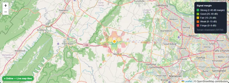 Coverage map with signal margin bands.