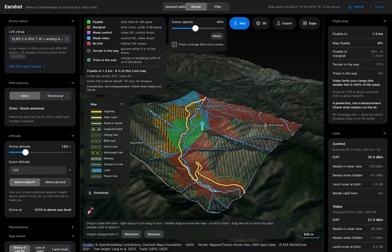 EARSHOT Drone mode map showing flyable, marginal and blocked areas.
