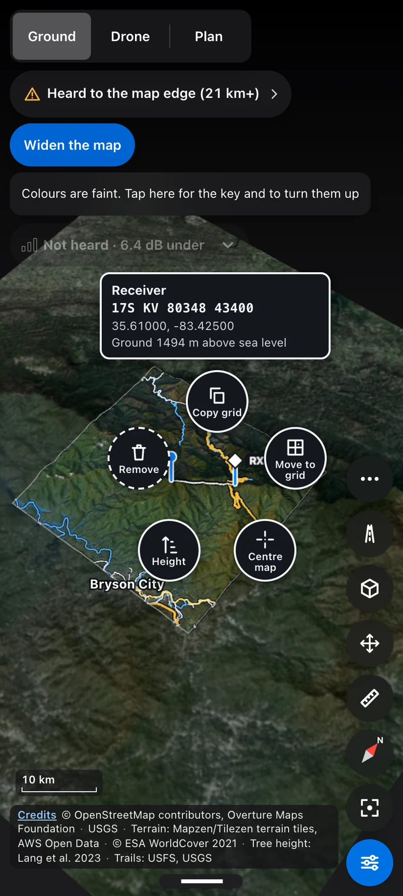 EARSHOT on a phone with a pin menu open: copy grid, move to grid, centre map, height, remove.