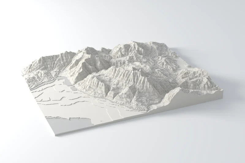 White relief model of a mountain front.
