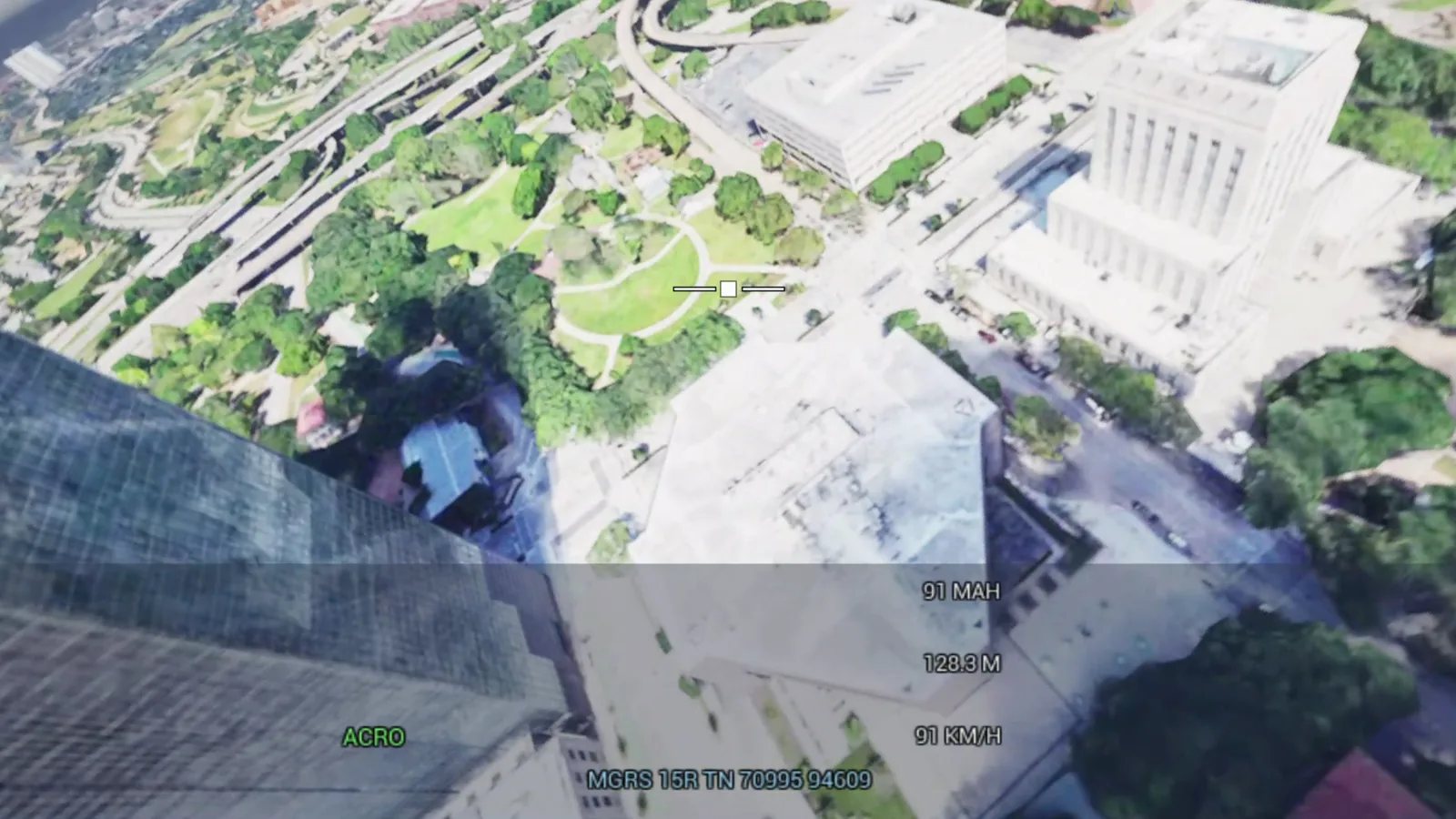 First-person KESTREL mission rehearsal over a park and city operating area