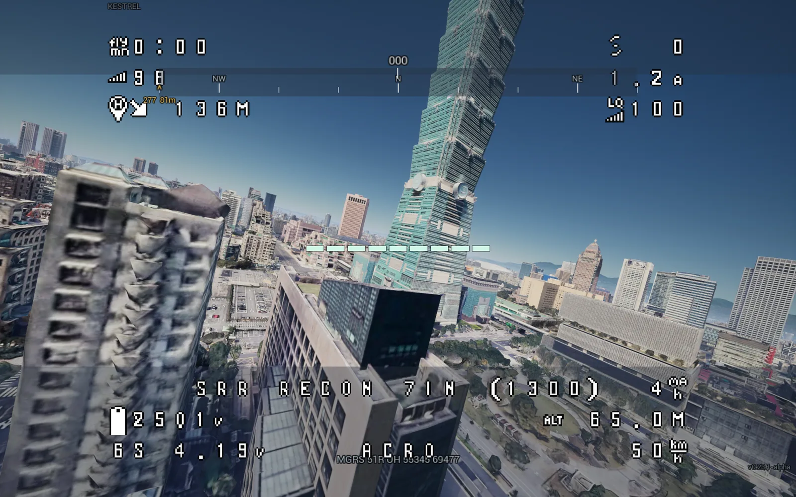 KESTREL in-flight view through the Taipei 101 district with the authentic Betaflight OSD burned in