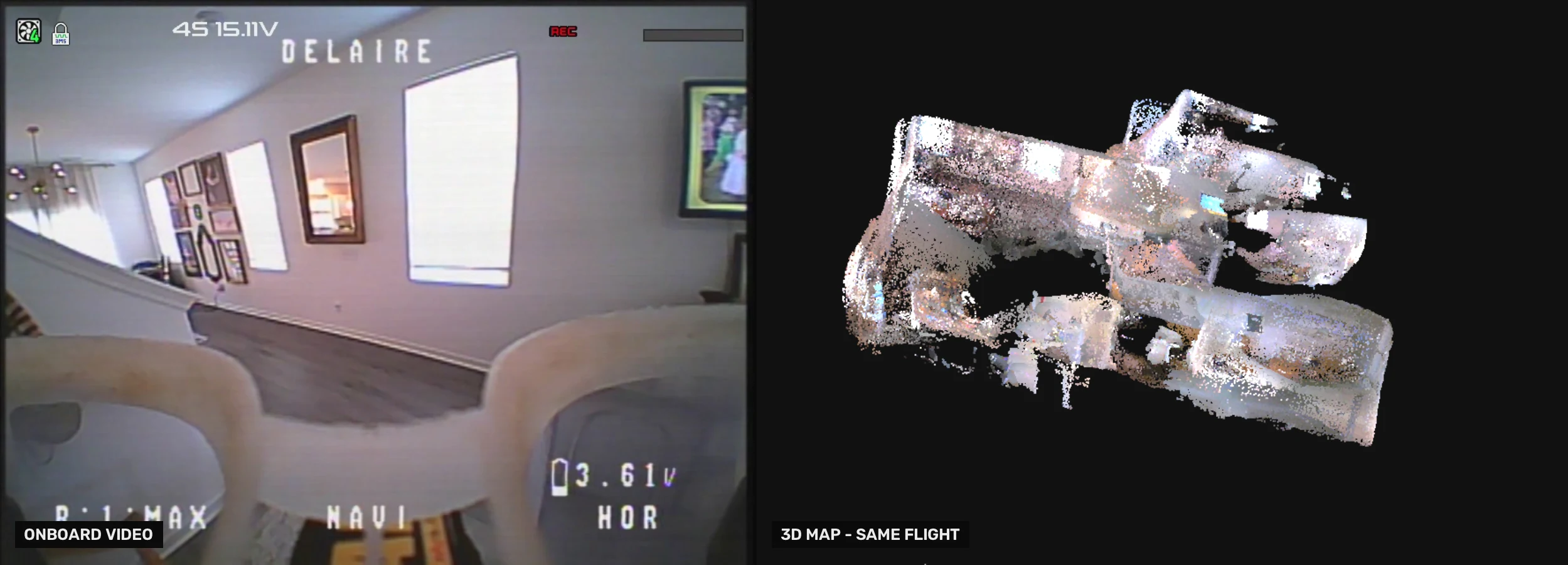 Left: unretouched onboard video frame from a small FPV quadcopter inside a building. Right: the 3D interior map LANTERN reconstructed from that same flight.