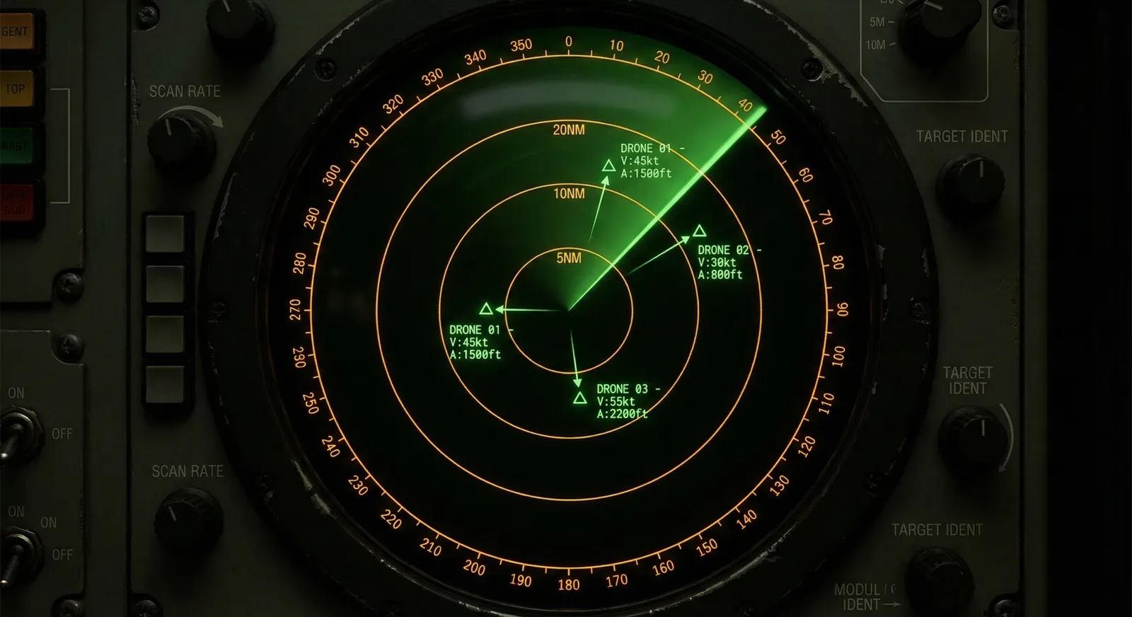 Radar tracking display showing drone detection and tracking