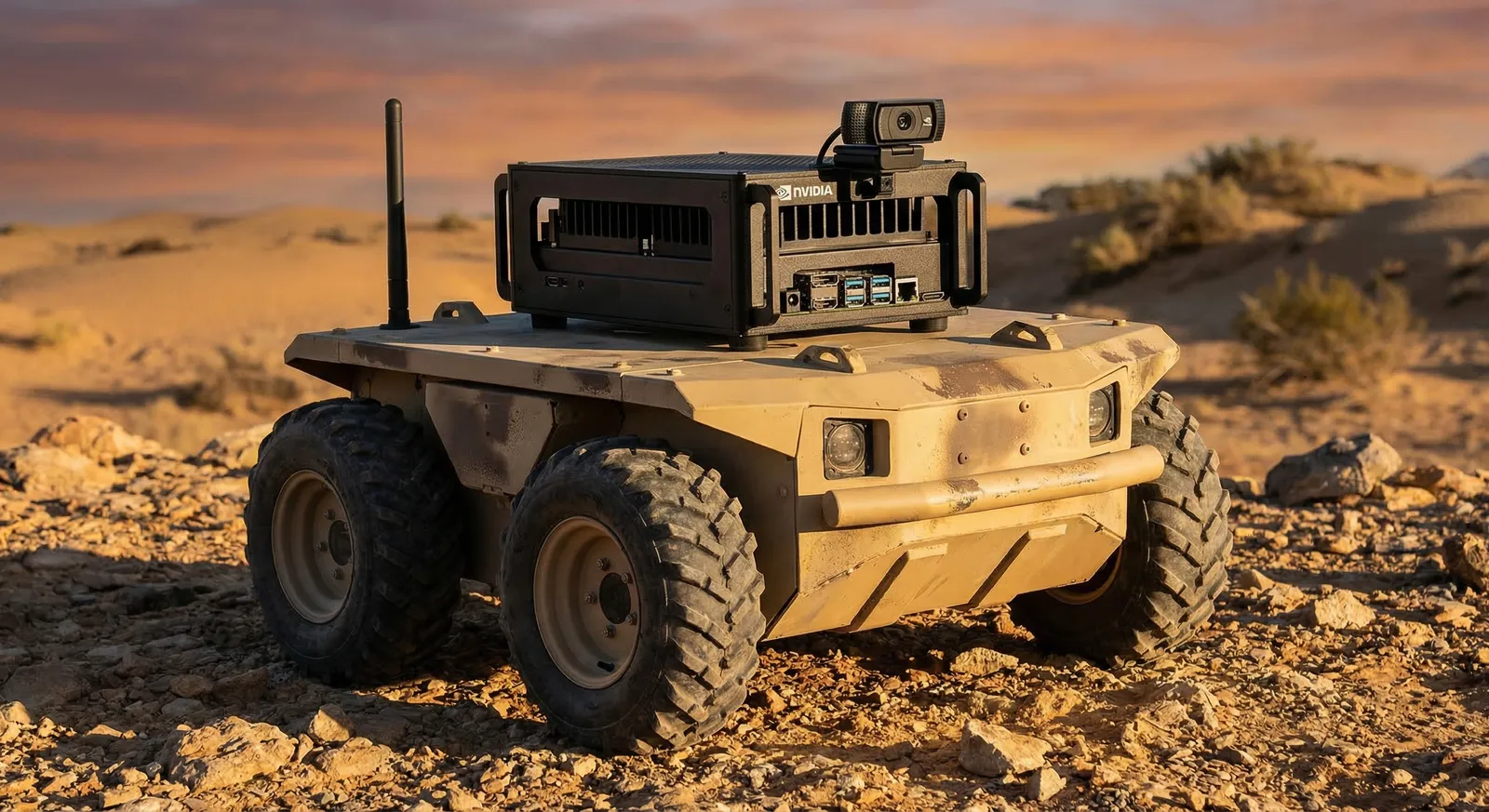 Unmanned ground vehicle carrying RAPTOR edge AI vision in desert terrain
