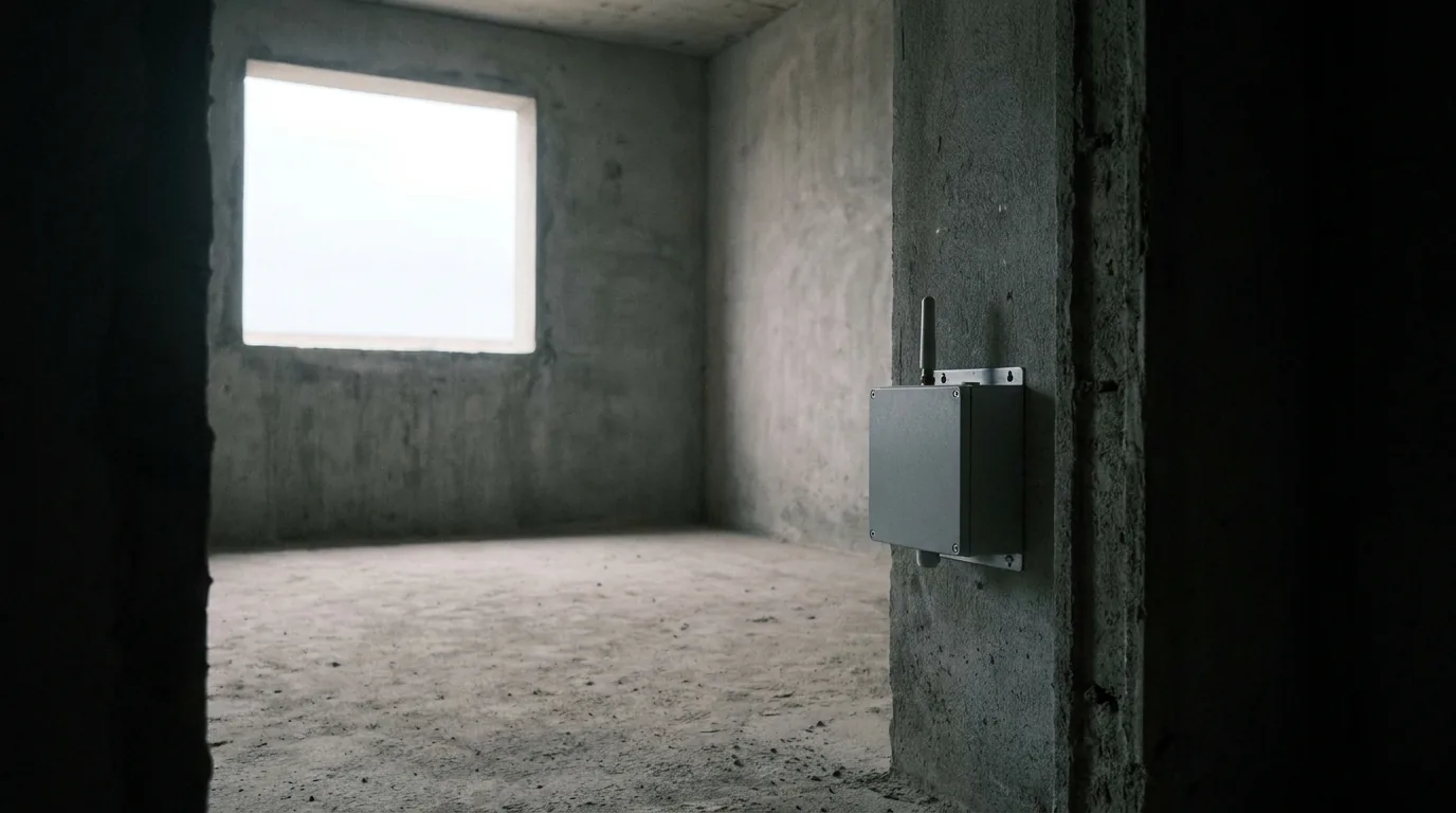Wall-mounted sensor unit inside a bare concrete structure